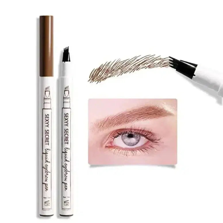Eyebrow pen with application on an eye, branded 'Sexy Secret'.