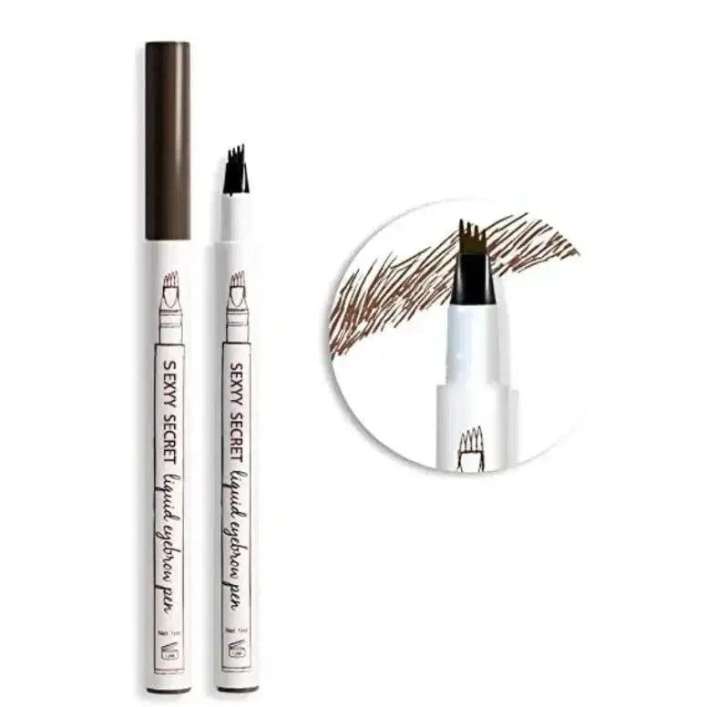Two eyebrow pens with a close-up of an applied brow on a white background