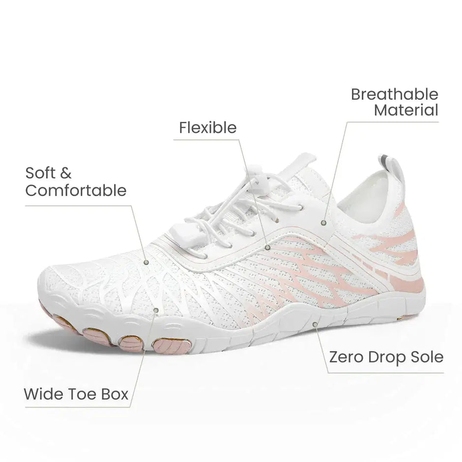 White athletic shoe with features labeled on a white background