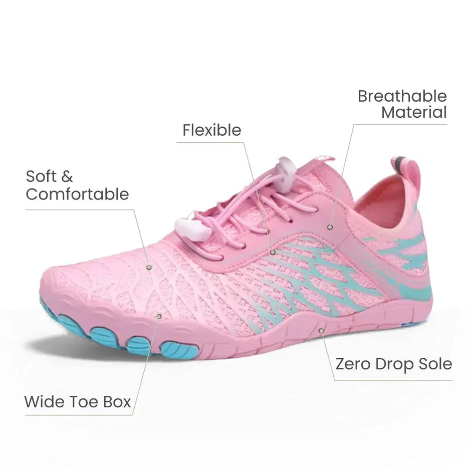 Pink athletic shoe with features labeled on a white background