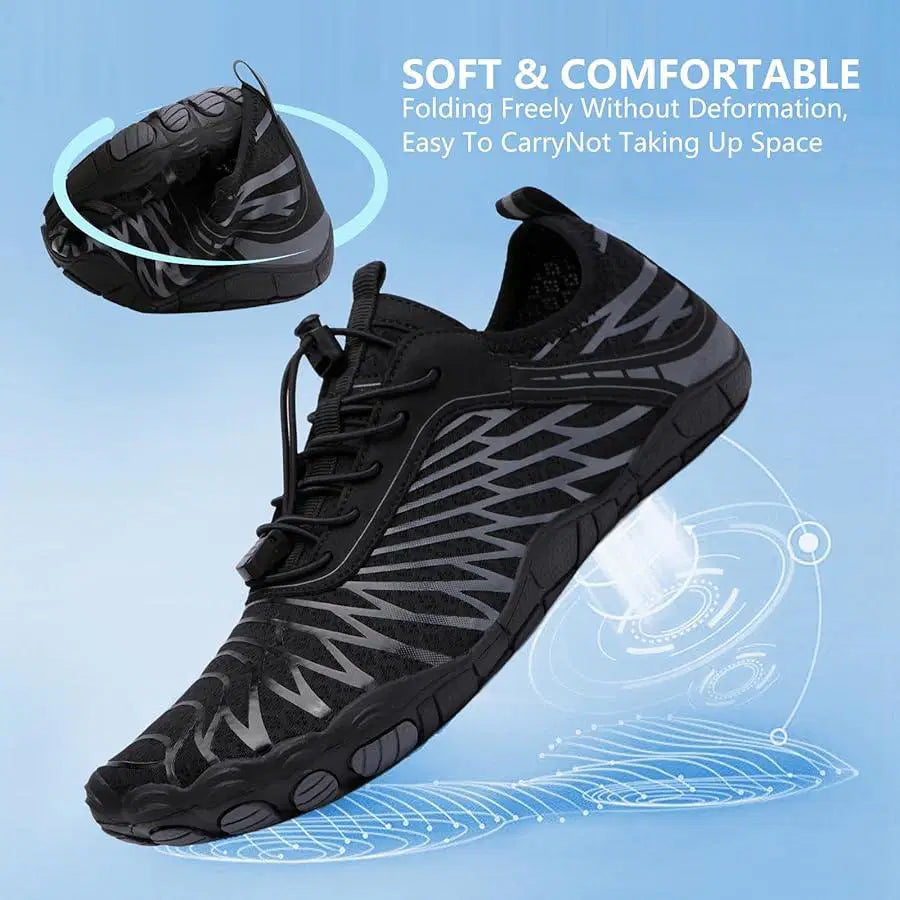 Black shoe with unique sole design on a light blue background, featuring text about shoe features.