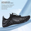 Black and gray athletic shoe with text about lightweight and breathable mesh fabric on a light blue background