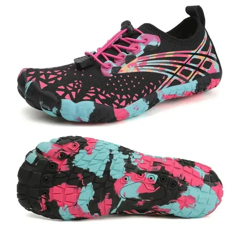 Colorful water shoes with black sole on a white background