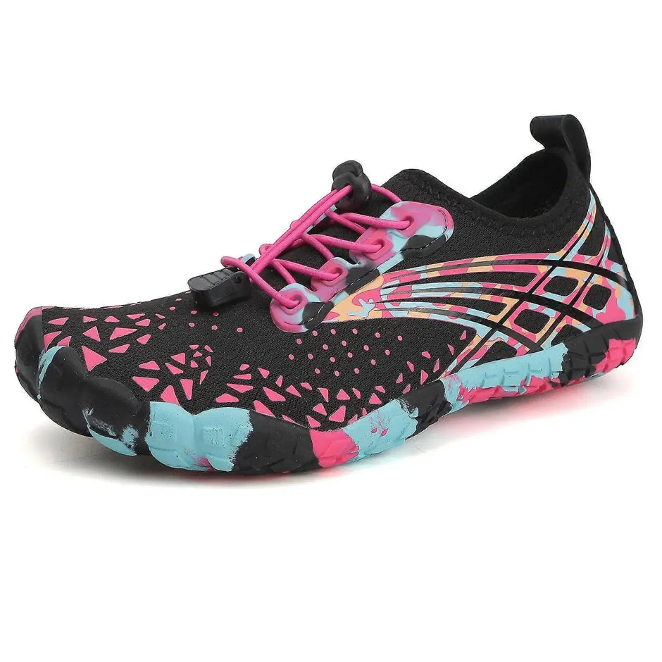 Black water shoe with colorful patterns and pink laces on a white background