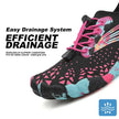 Black shoe with pink and blue pattern and text about drainage system on a white background
