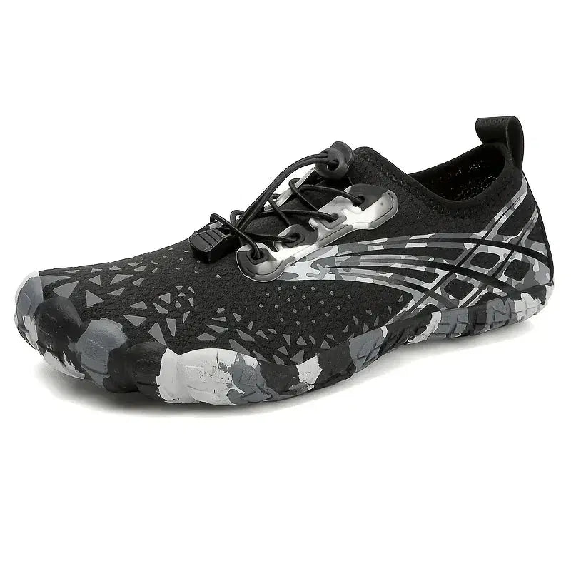Black and gray patterned shoe on a white background