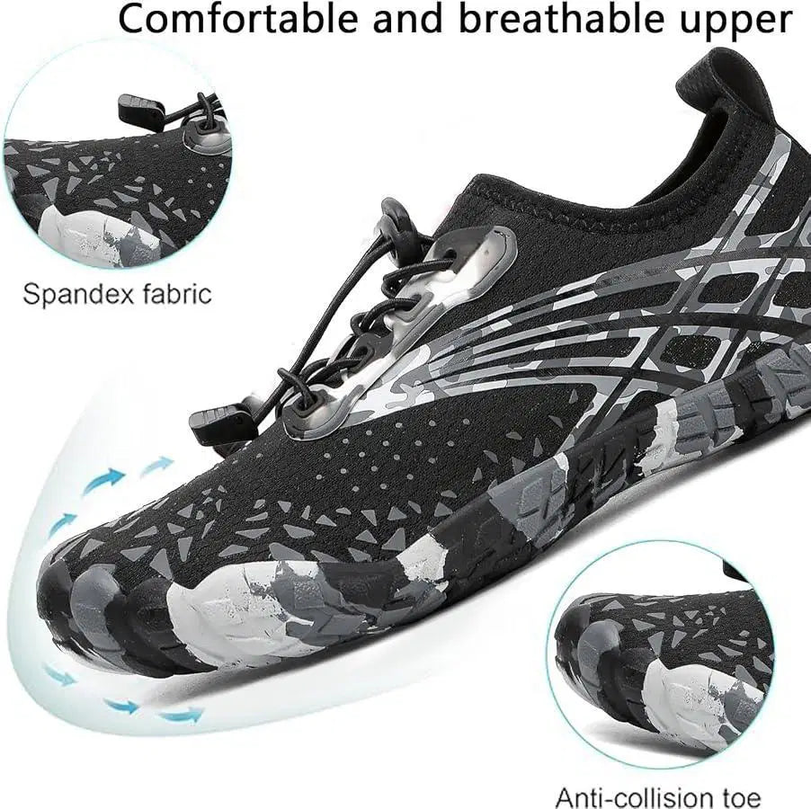 Black and gray athletic shoe with spandex fabric and anti-collision toe design, on a white background.