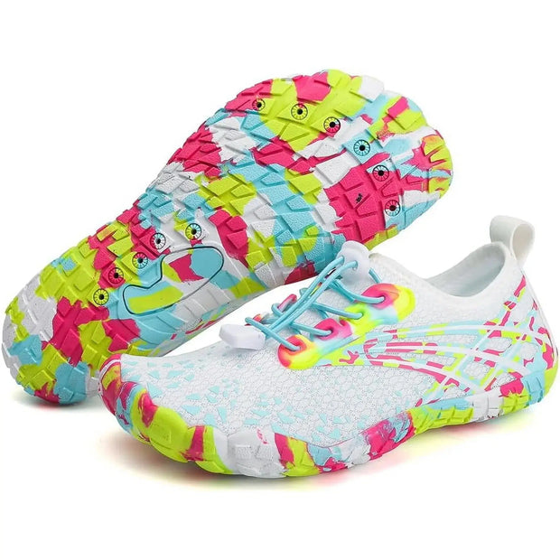 Colorful children's water shoes with a pattern on a white background