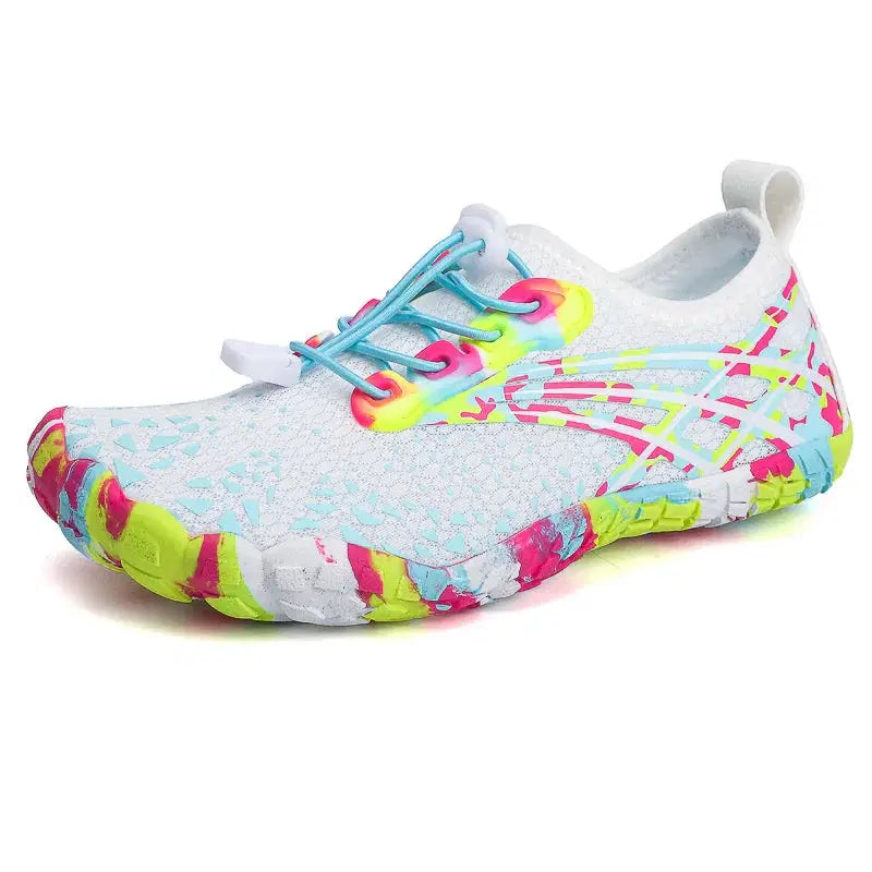 Colorful water shoe with multicolor pattern on a white background