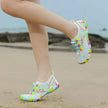 Colorful water shoes on a beach with blurred background