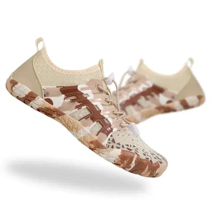 Camouflage-patterned shoes on a white background