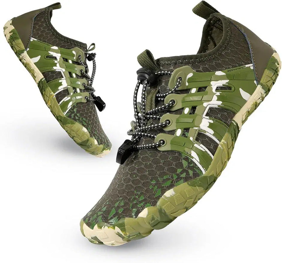 Green and brown camouflage shoes on a white background
