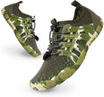 Green and brown camouflage shoes on a white background