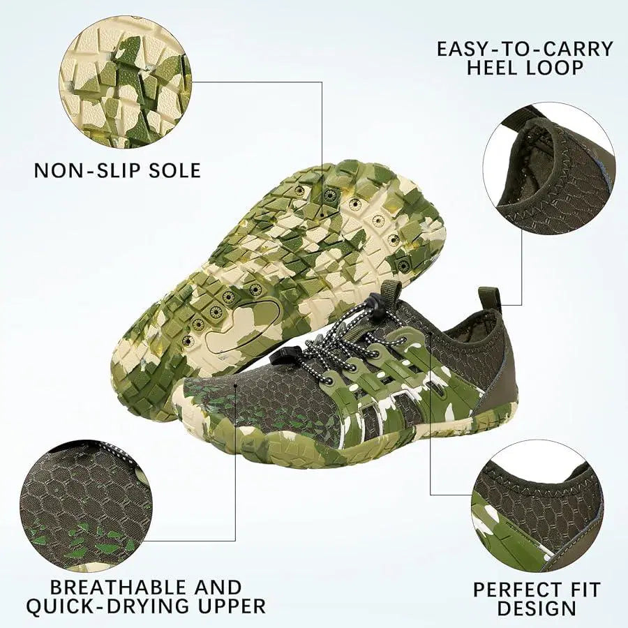 Camouflage shoes with features highlighted on a light gray background