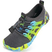 Gray water shoe with green and blue accents on a white background