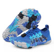 Blue and gray athletic shoes on a white background