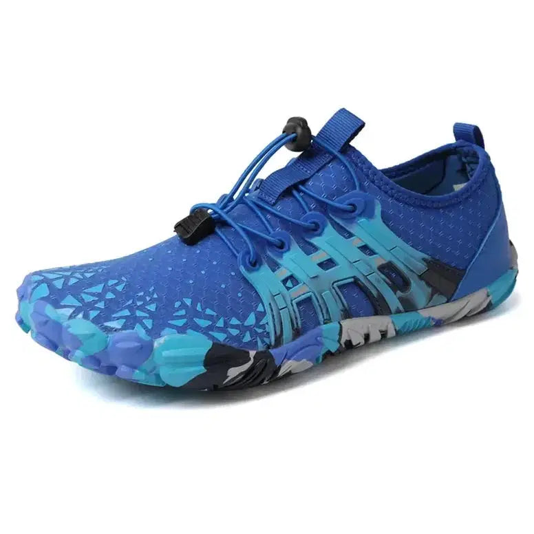Blue water shoe with a pattern on a white background