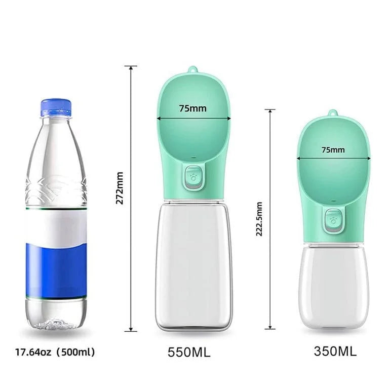 Green pet water bottle with measurements and a comparison bottle on a white background