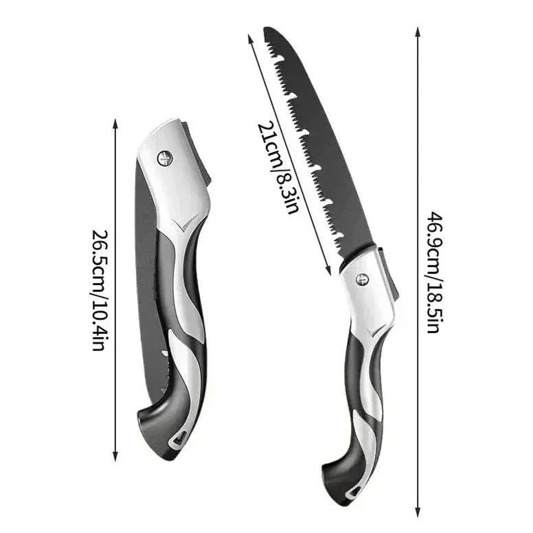 Folding saw with measurements on a white background