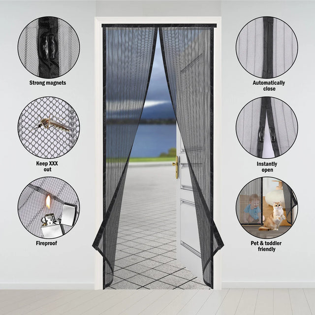 Black magnetic screen door with features highlighted on a white background