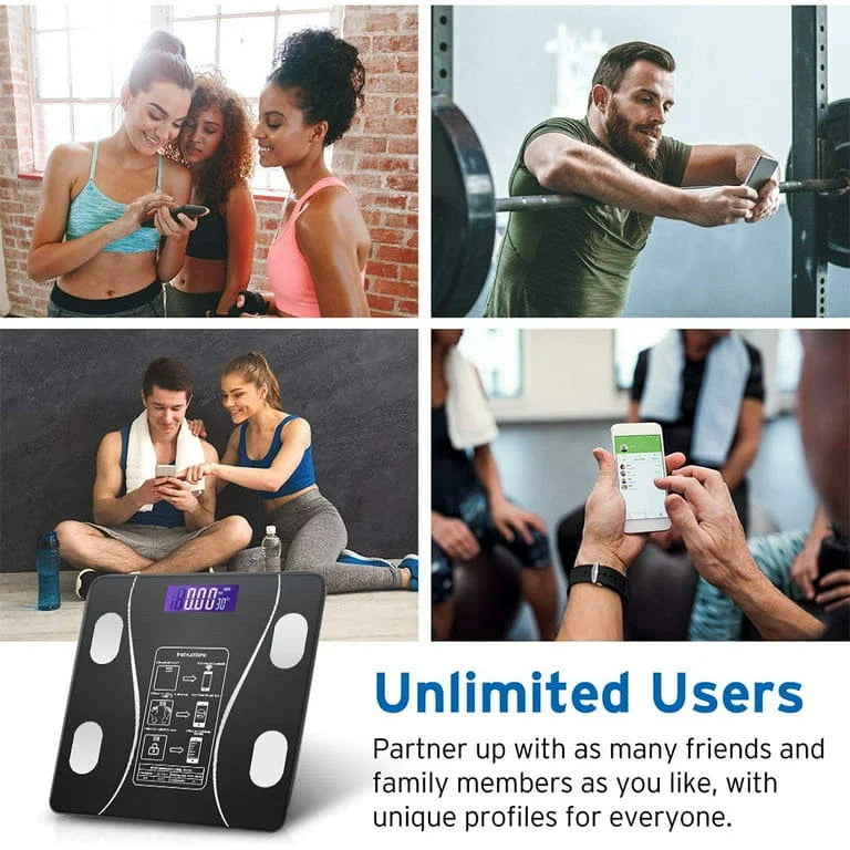 Collage of people exercising and using a fitness app, with text about unlimited users.