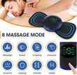 Massage device with digital display and 8 massage mode icons on a white background