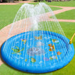 Blue inflatable sprinkler pad with water spraying on a grassy area