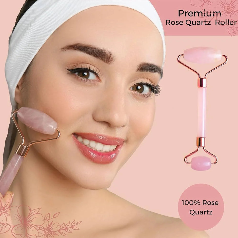 Woman using a rose quartz roller on her face with product details on a pink background