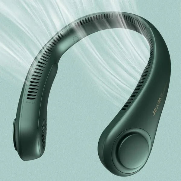 Green neckband headphones on a light blue background