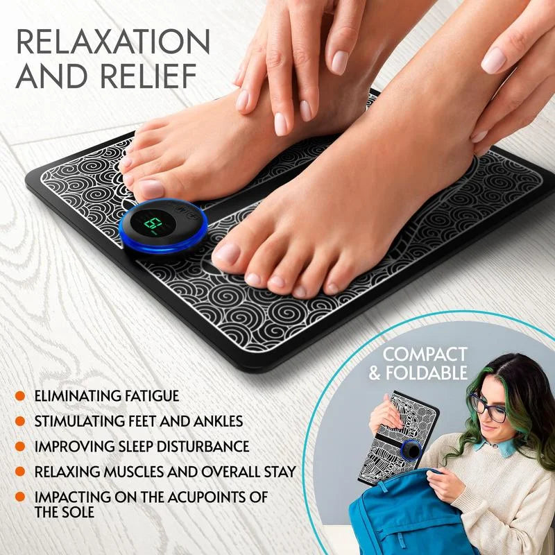 Person using a foot mat with text highlighting its benefits on a light wooden floor.