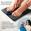Person using a foot mat with text highlighting its benefits on a light wooden floor.