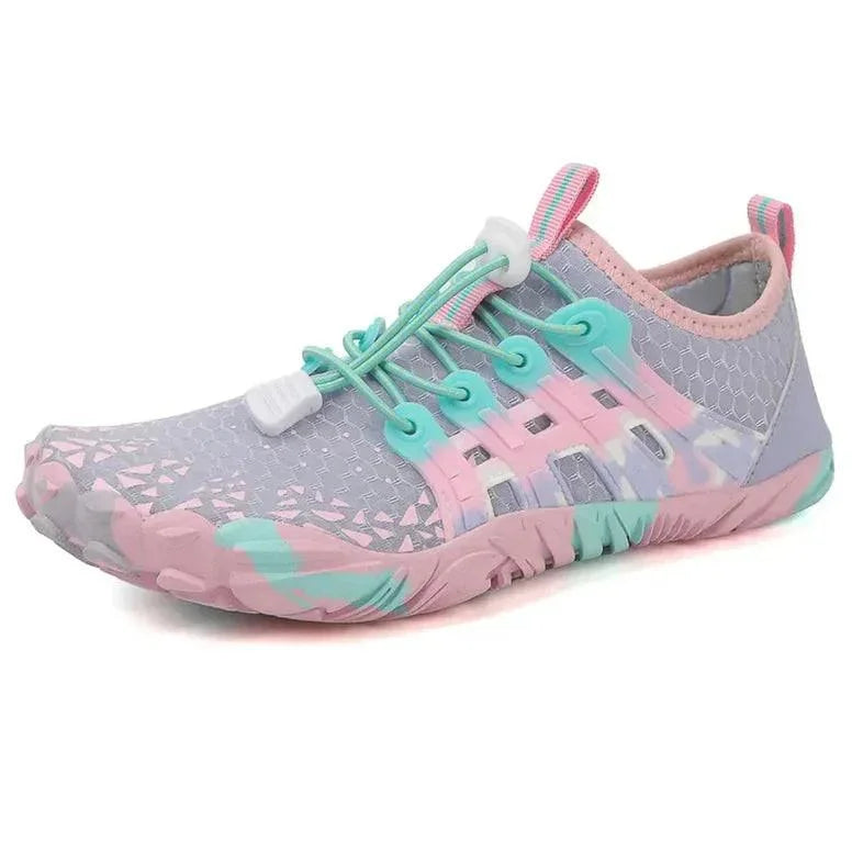 Pink and gray water shoe with light blue laces on a white background