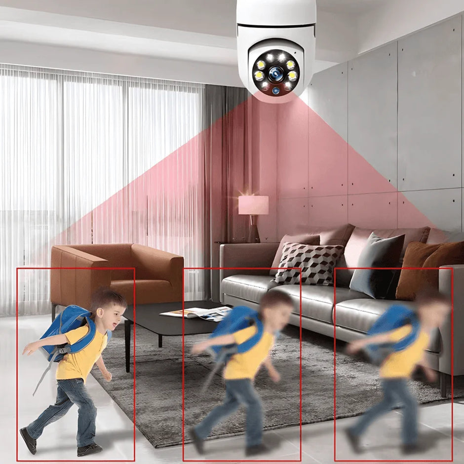 Security camera in a living room with red lines indicating detection area, showing a child running.