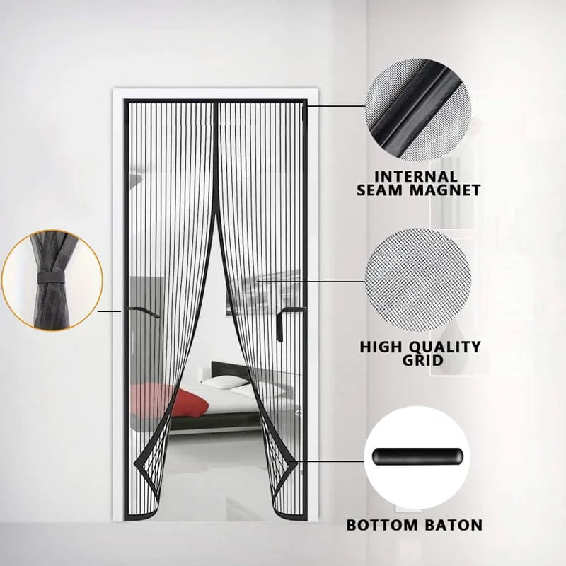Black magnetic screen door with features highlighted on a white background