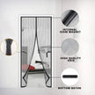 Black magnetic screen door with features highlighted on a white background