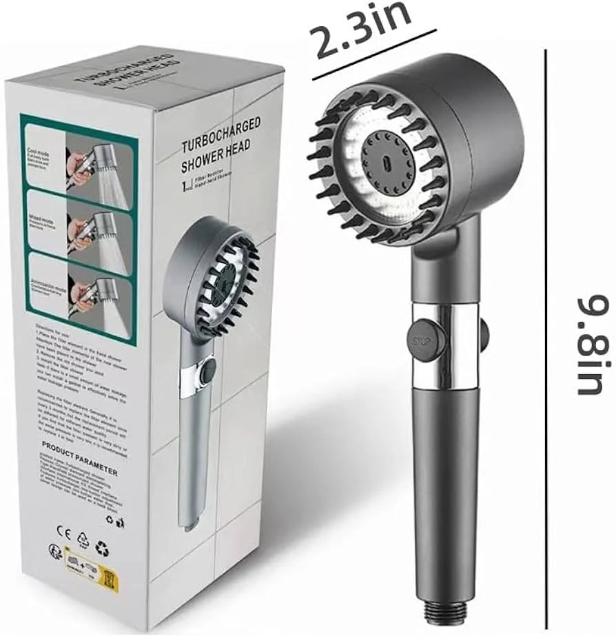 Turbocharged shower head with packaging and measurements on a white background