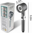 Turbocharged shower head with packaging and measurements on a white background