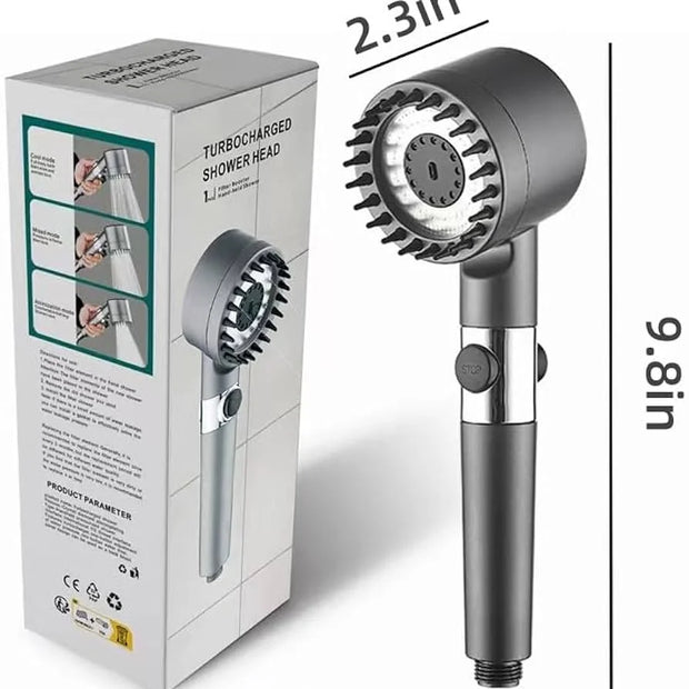 Turbocharged shower head with packaging and measurements on a white background