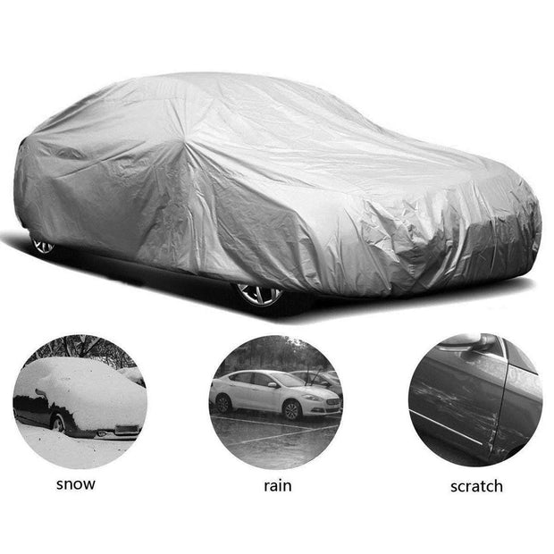 Car cover protecting a car from snow, rain, and scratches on a white background