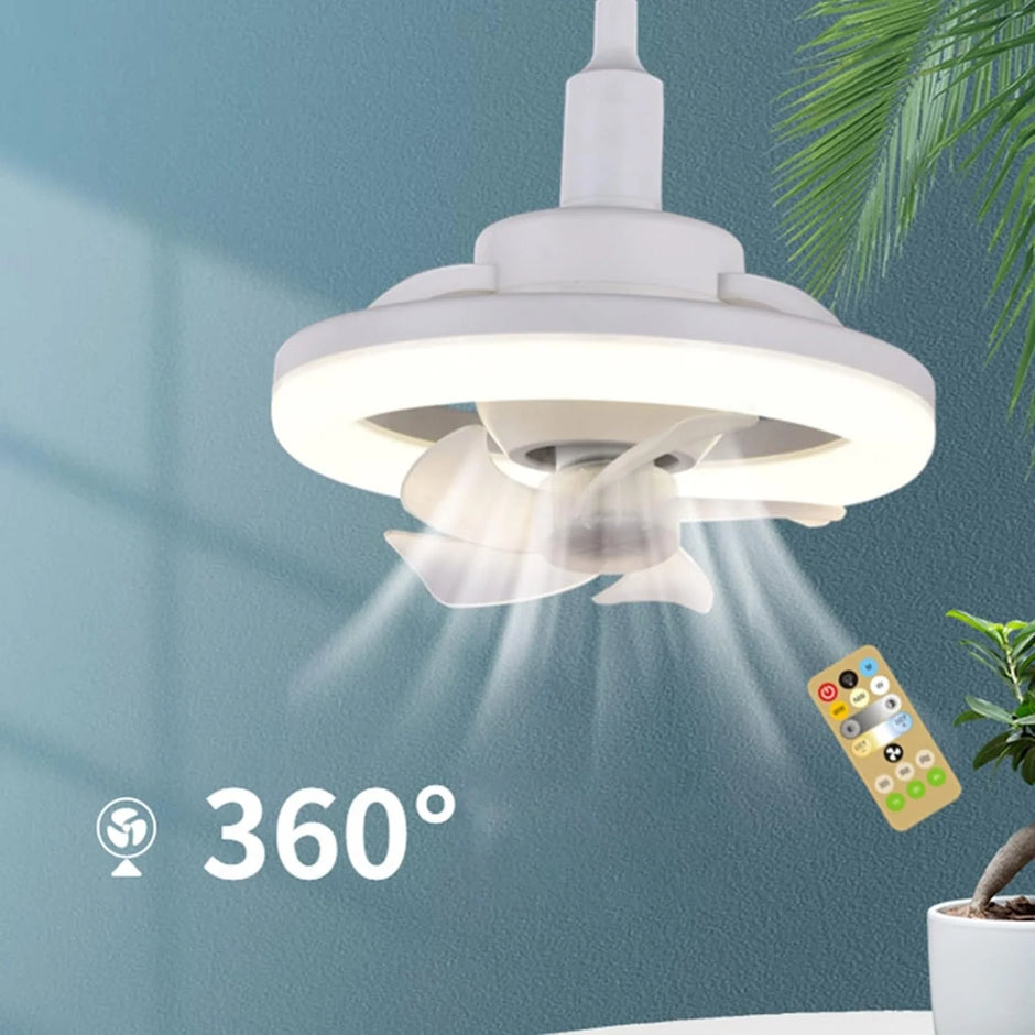 Ceiling fan with light fixture and remote control on a blue wall background