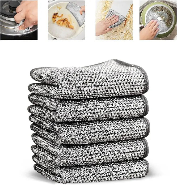 Stack of cleaning cloths with images showing their use on various surfaces.