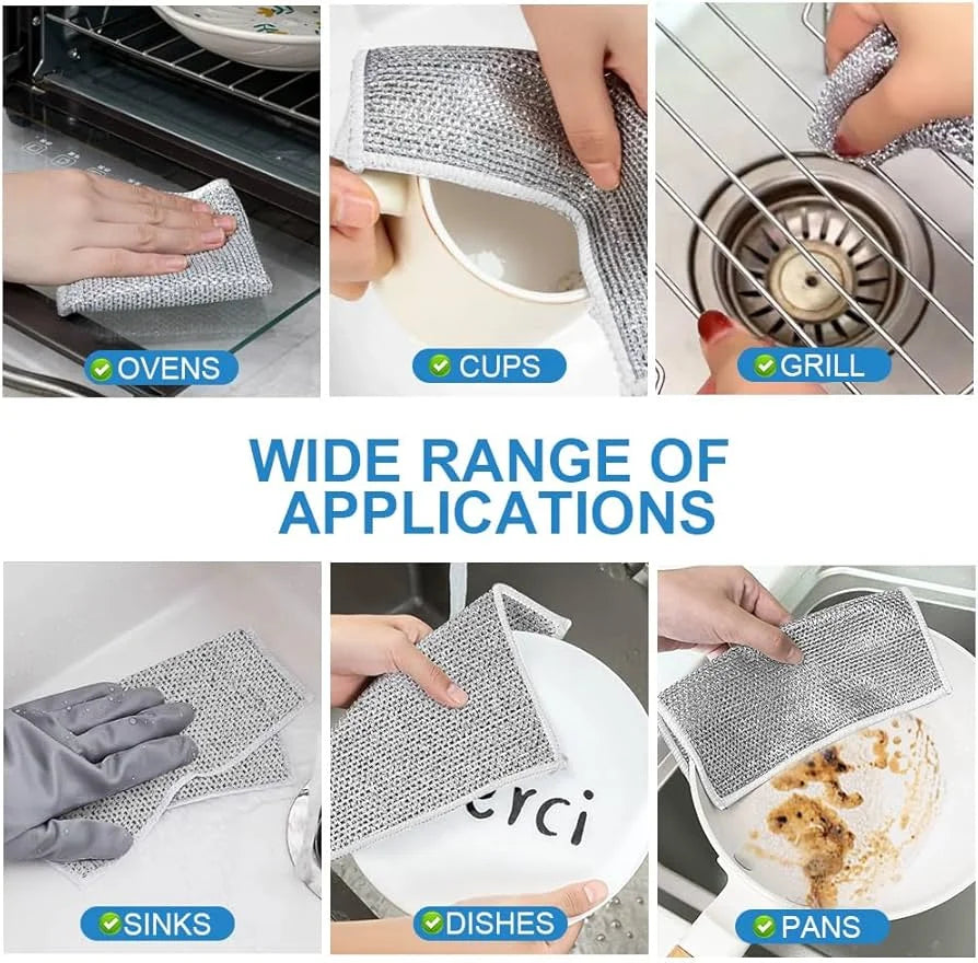 Collage of a cleaning cloth being used on various kitchen items with text indicating its wide range of applications.