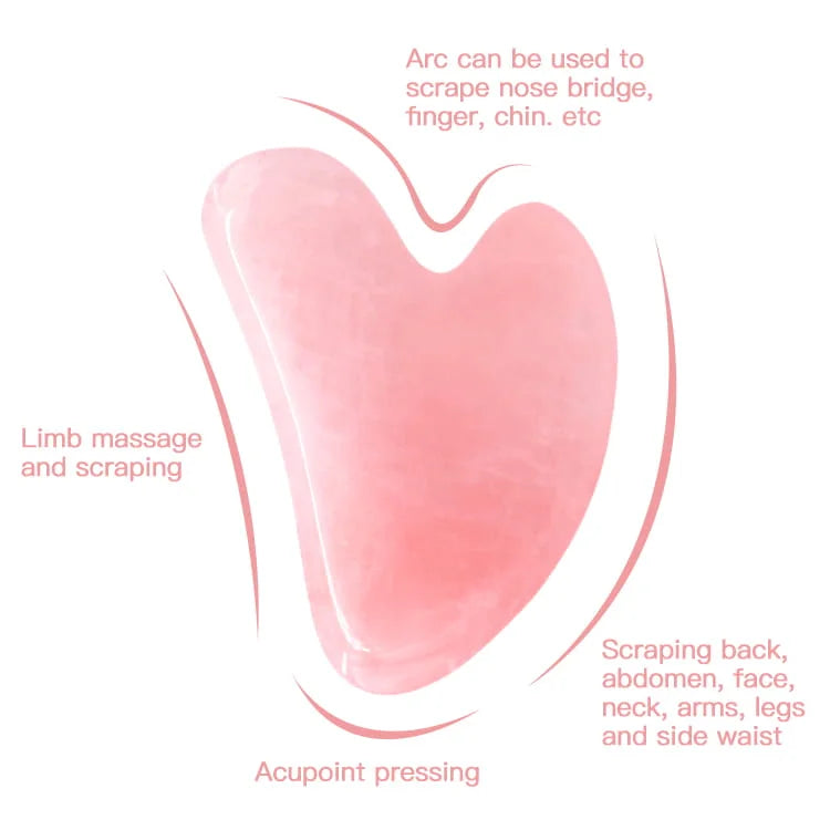 Pink Gua Sha tool with text on uses on a white background