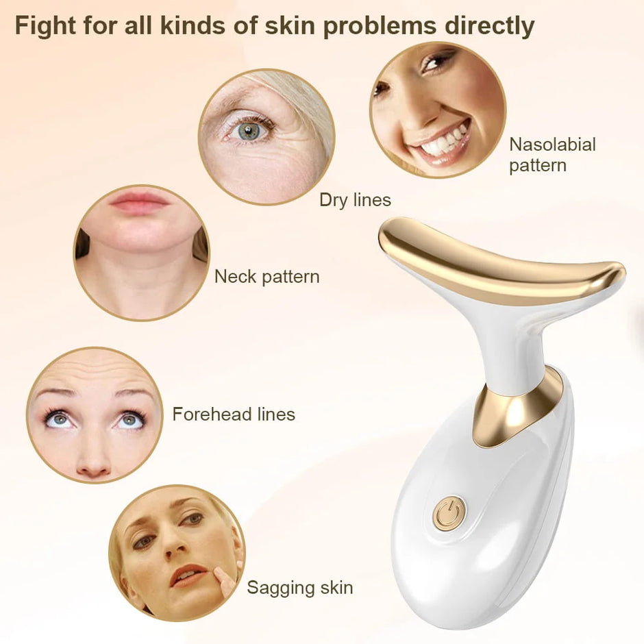 Skin care device with images of skin issues and solutions on a beige background