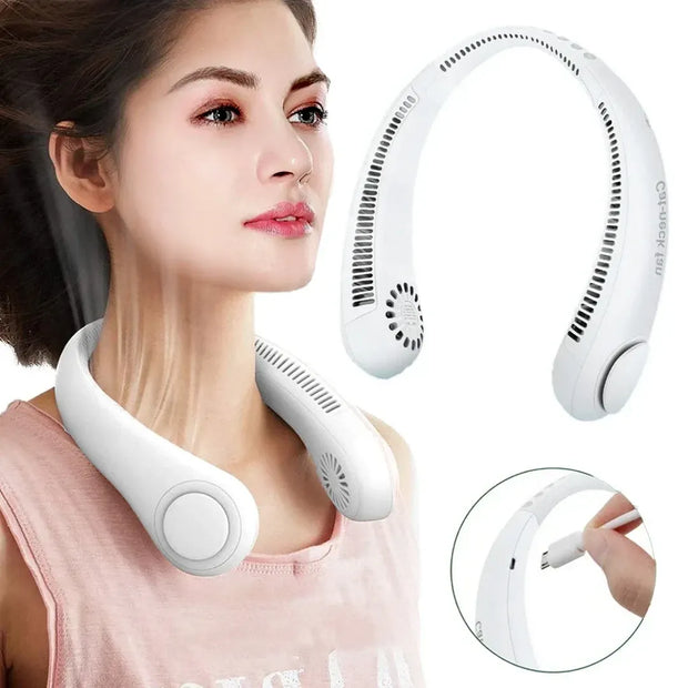 Woman wearing a white neck massager with additional images of the product on a white background.