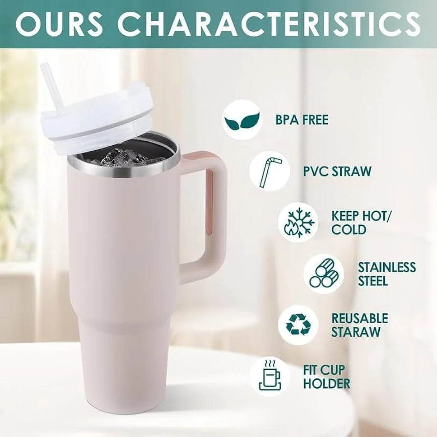 White tumbler with features listed on a light background