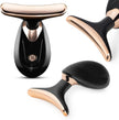 Black and rose gold facial massager on a white background