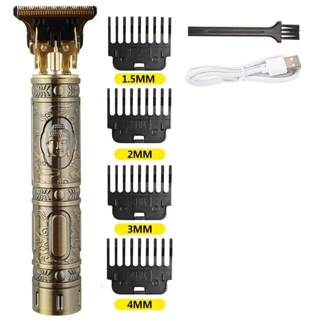 Barber shop trimmer with attachments and USB cable on a white background