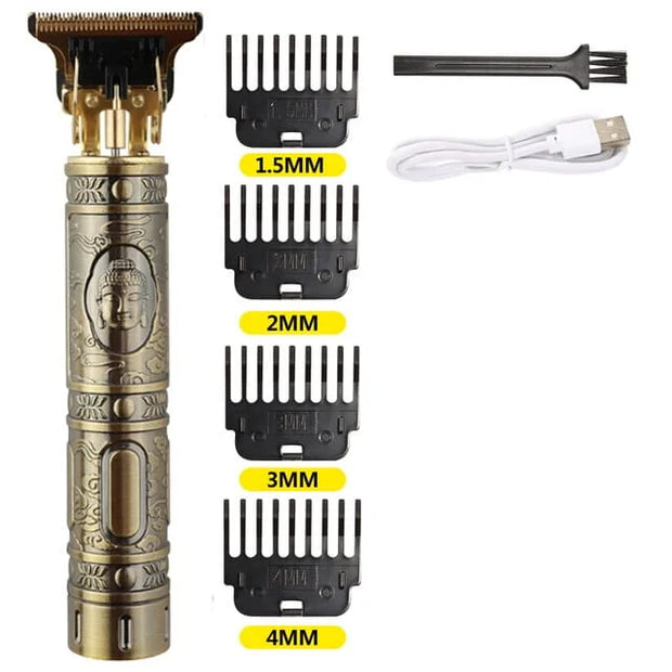 Barber shop trimmer with attachments and USB cable on a white background