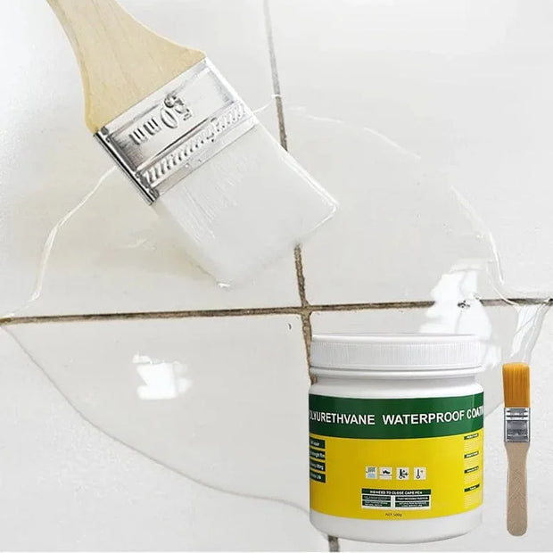 Container of ureththane waterproof coating with a brush on a tiled surface